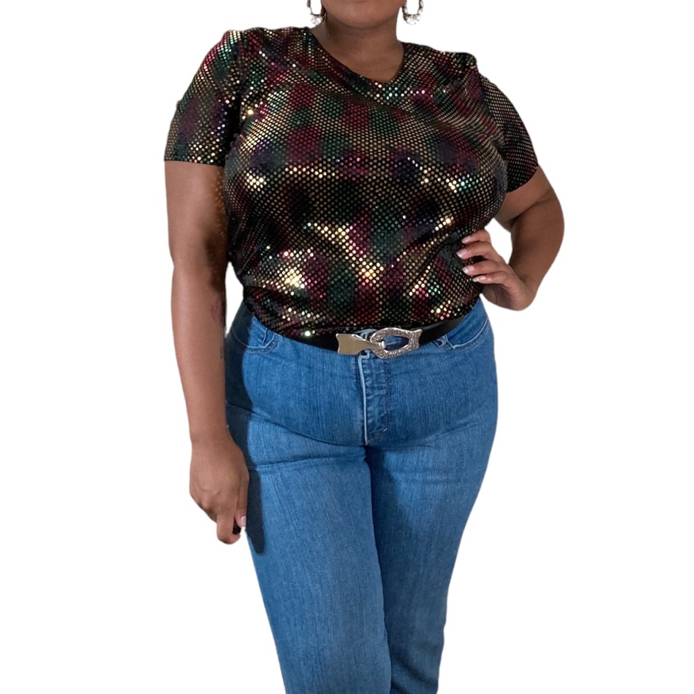 Sold! Kathie Lee Collection vintage black with rainbow sequins shirt sz XL